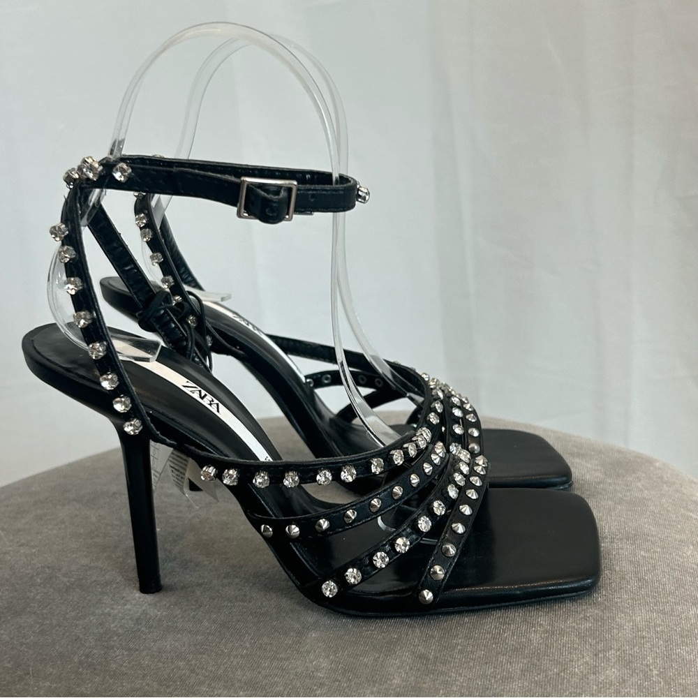 Zara black strappy crystal rhinestone studded embellished sandal high heel Sz 6 - Picture 4 of 12